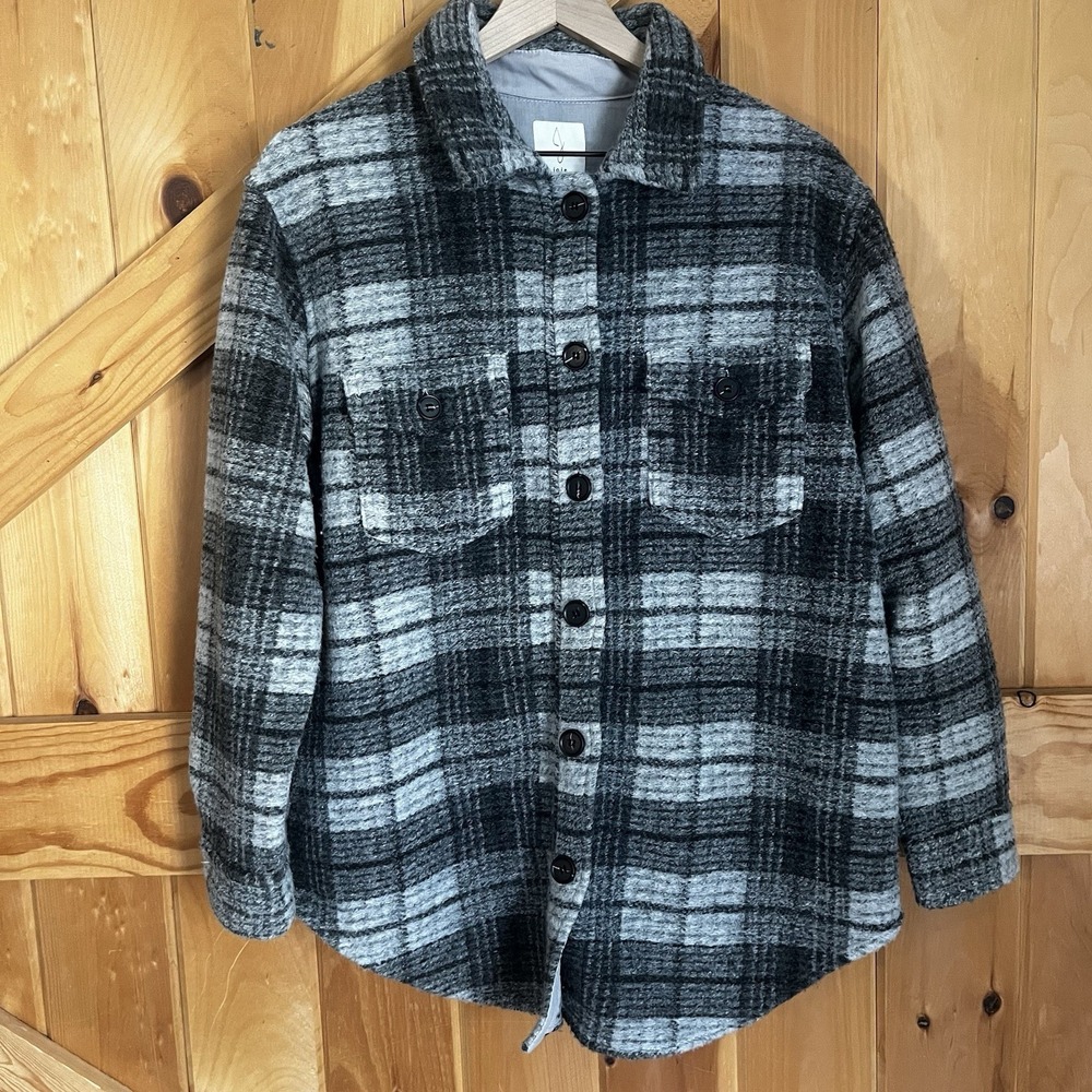 Joie Gray Plaid Button Up Long Sleeve Shacket Women's Medium‎ Jacket Pockets